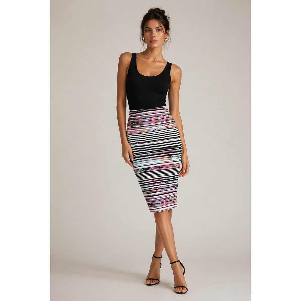 Vintage Y2K Bisou Bisou Pencil Skirt M Michele Bohbot Striped Floral Midi Slit